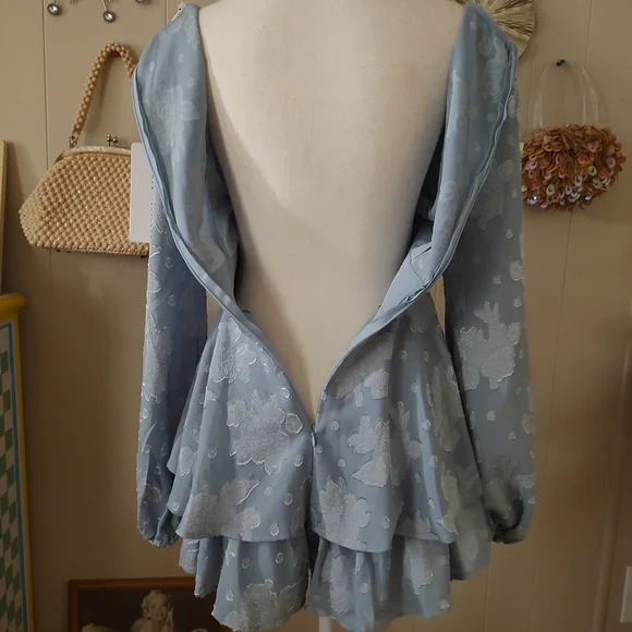 NWT Saints+Secrets Blue Floral Tiered Romper Dress with Long Sash Belt SZ Small - Picture 12 of 14